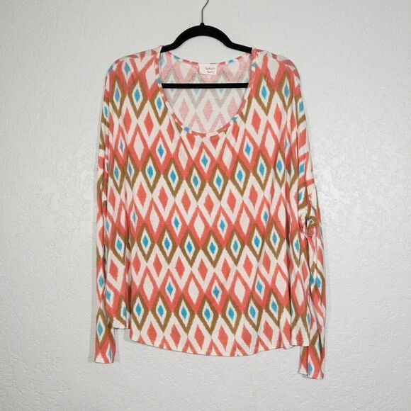 Fantastic Fawn Coral & Turquoise Ikat Diamond Print Top Size Medium - Picture 1 of 5